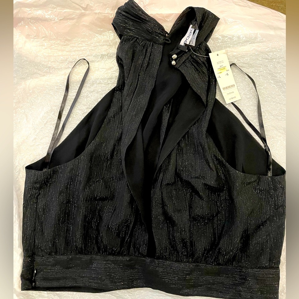 Halter Crop Top, black shimmer material.